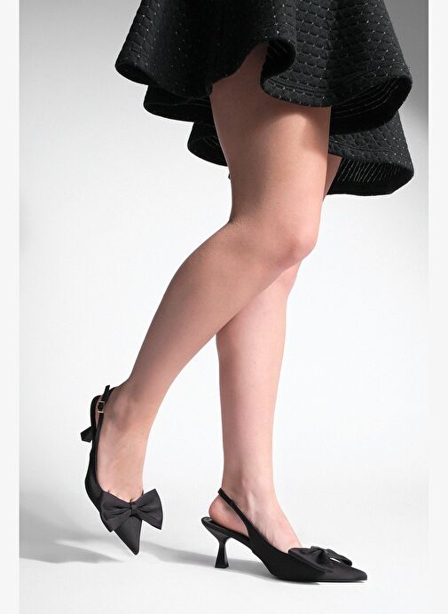 Kadın Stiletto Arkası Açık Fiyonk Detaylı Topuklu Ayakkabı Sarvel Siyah - Görsel 5