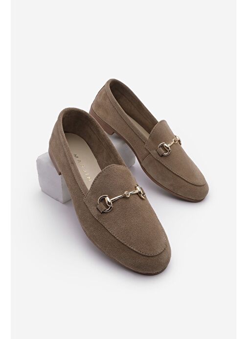 Kadın Hakiki Deri Zincirli Loafer Günlük Ayakkabı Tanle Taba Süet - Görsel 7