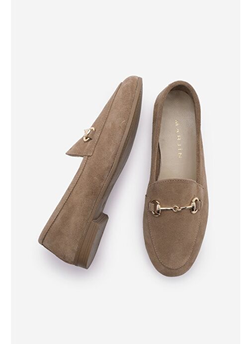 Kadın Hakiki Deri Zincirli Loafer Günlük Ayakkabı Tanle Taba Süet - Görsel 4