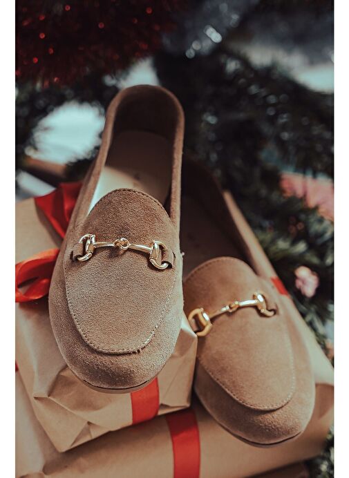 Kadın Hakiki Deri Zincirli Loafer Günlük Ayakkabı Tanle Taba Süet - Görsel 6