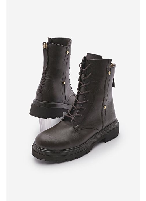 Kadın Arkadan Fermuarlı Zımba Detaylı Kalın Taban Postal Bot Likesta Kahve - Görsel 4