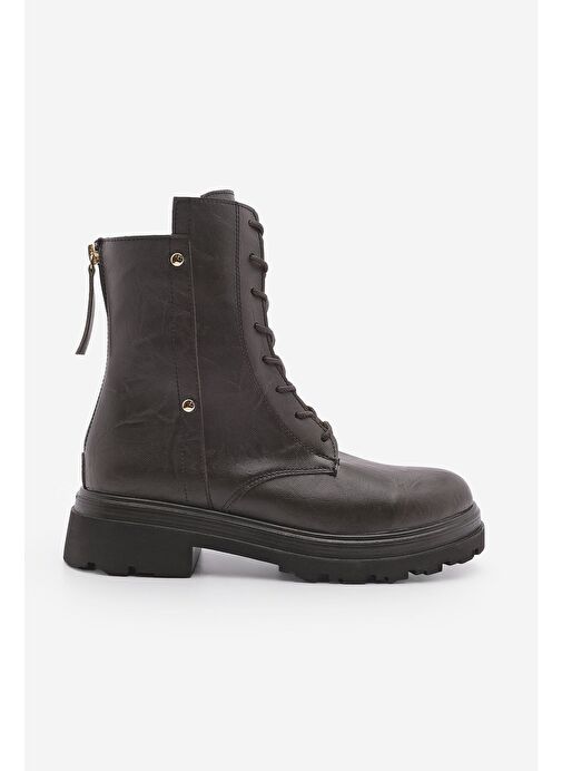 Kadın Arkadan Fermuarlı Zımba Detaylı Kalın Taban Postal Bot Likesta Kahve - Görsel 6