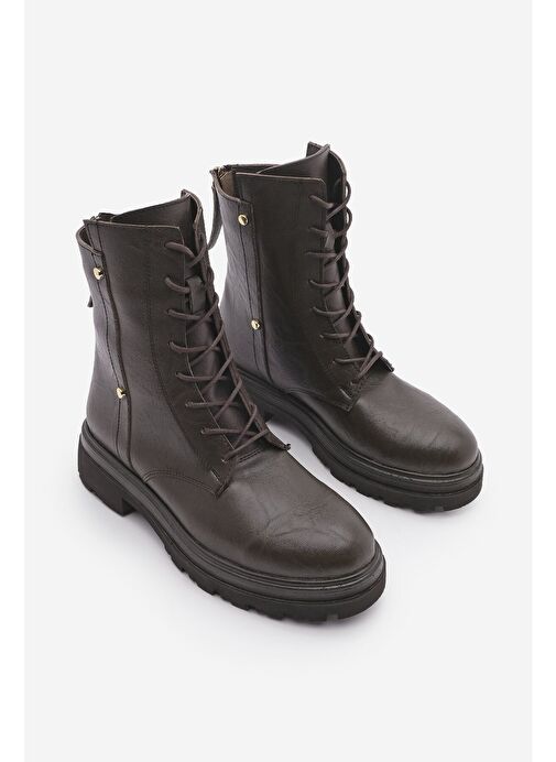 Kadın Arkadan Fermuarlı Zımba Detaylı Kalın Taban Postal Bot Likesta Kahve - Görsel 7
