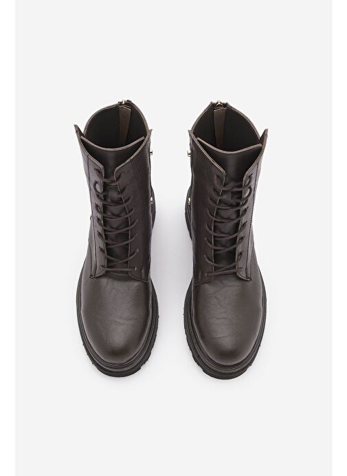 Kadın Arkadan Fermuarlı Zımba Detaylı Kalın Taban Postal Bot Likesta Kahve - Görsel 8