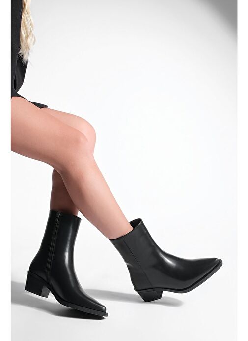 Kadın Sivri Burun Kalın Topuk Western Bot Tahis Siyah - Görsel 9