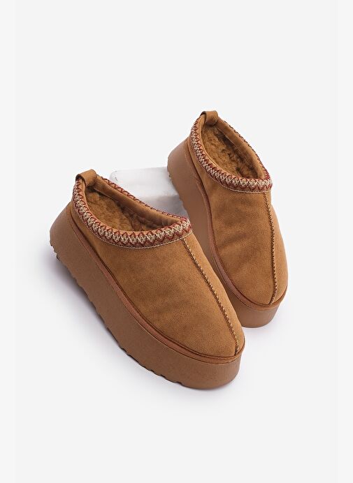 Kadın İçi Kürklü Kalın Taban Önü Kapalı Günlük Kışlık Terlik Furenta Taba Süet - Görsel 2