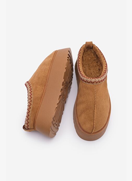 Kadın İçi Kürklü Kalın Taban Önü Kapalı Günlük Kışlık Terlik Furenta Taba Süet - Görsel 6