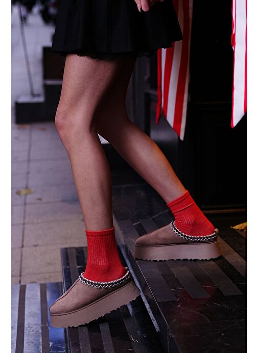 Kadın İçi Kürklü Kalın Taban Önü Kapalı Günlük Kışlık Terlik Furenta Vizon Süet - Görsel 3