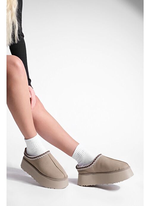 Kadın İçi Kürklü Kalın Taban Önü Kapalı Günlük Kışlık Terlik Furenta Vizon Süet - Görsel 5