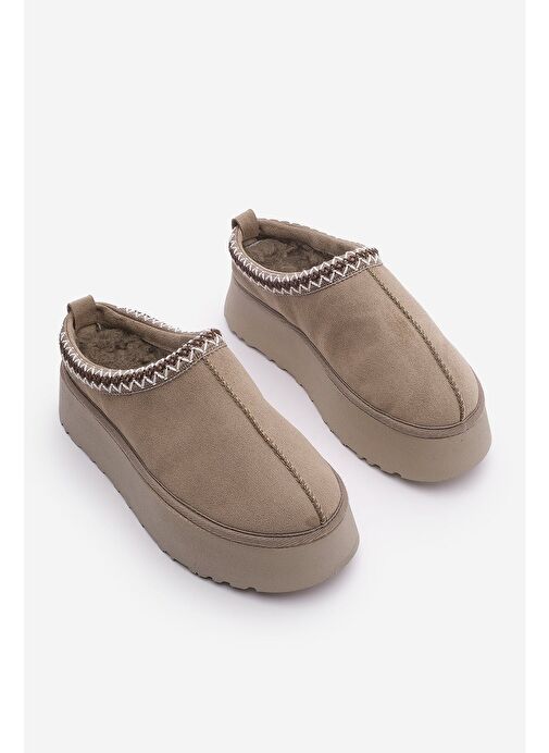 Kadın İçi Kürklü Kalın Taban Önü Kapalı Günlük Kışlık Terlik Furenta Vizon Süet - Görsel 8