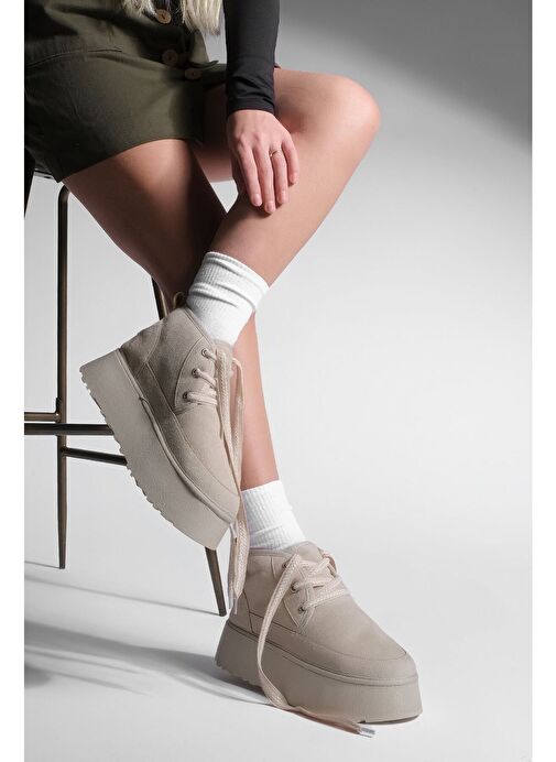 Kadın Kalın Taban İçi Kürklü Günlük Bot Mariva Bej Süet - Görsel 5