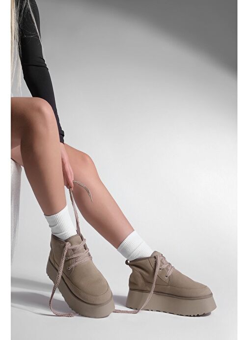 Kadın Kalın Taban İçi Kürklü Günlük Bot Mariva Vizon Süet - Görsel 3