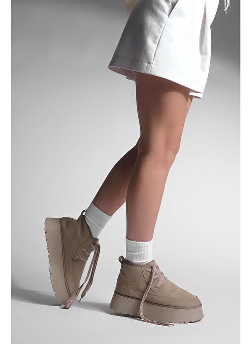 Kadın Kalın Taban İçi Kürklü Günlük Bot Mariva Vizon Süet - Görsel 5
