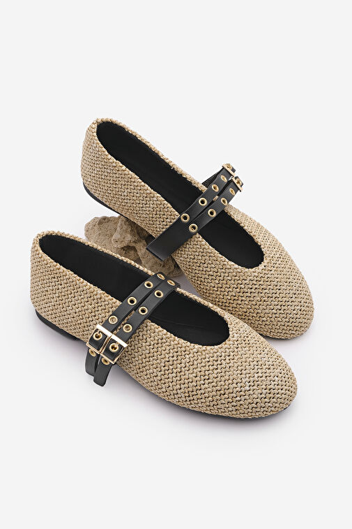 Kadın Çift Bantlı Zımbalı Günlük Babet Bekosa Bej Hasır - Görsel 4