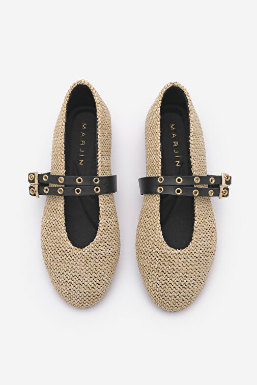 Kadın Çift Bantlı Zımbalı Günlük Babet Bekosa Bej Hasır - Görsel 3