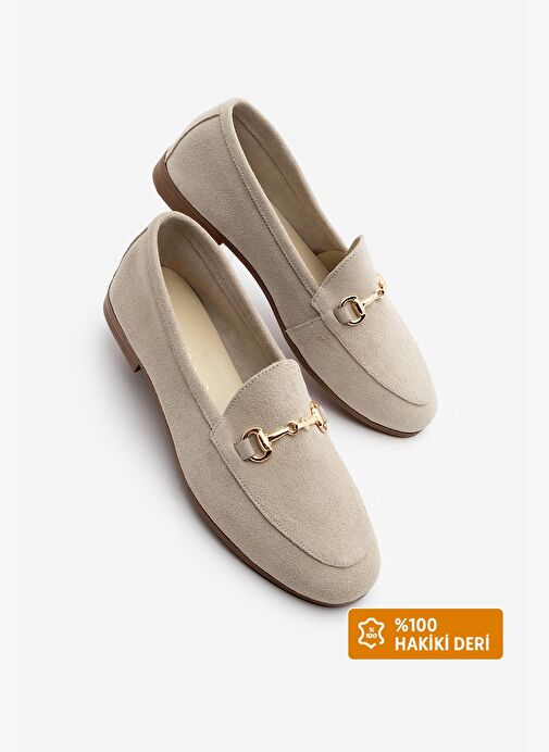 Kadın Hakiki Deri Zincirli Loafer Günlük Ayakkabı Tanle Bej Süet - Görsel 2