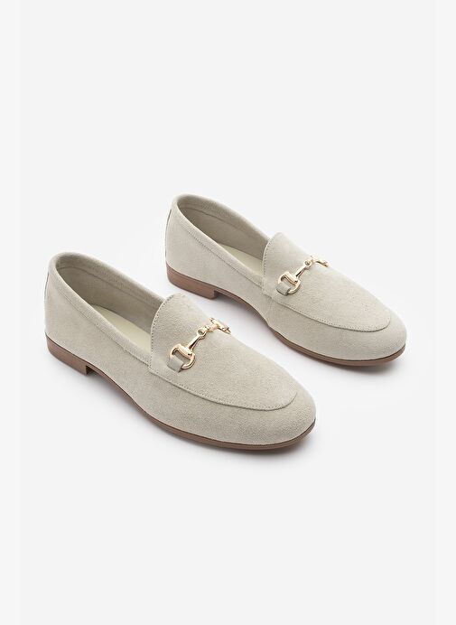 Kadın Hakiki Deri Zincirli Loafer Günlük Ayakkabı Tanle Bej Süet - Görsel 6