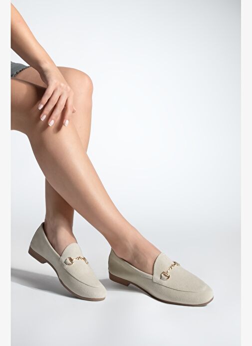 Kadın Hakiki Deri Zincirli Loafer Günlük Ayakkabı Tanle Bej Süet - Görsel 3