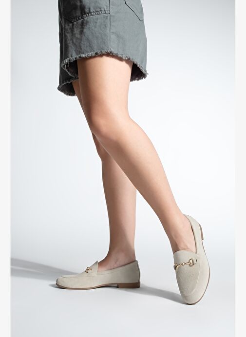Kadın Hakiki Deri Zincirli Loafer Günlük Ayakkabı Tanle Bej Süet - Görsel 5