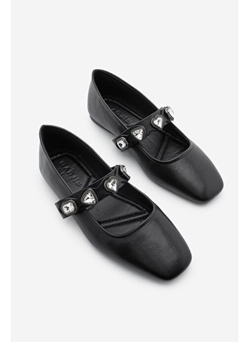 Kadın Küt Burun Taşlı Babet Elora Siyah - Görsel 2