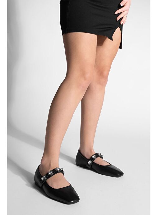 Kadın Küt Burun Taşlı Babet Elora Siyah - Görsel 4