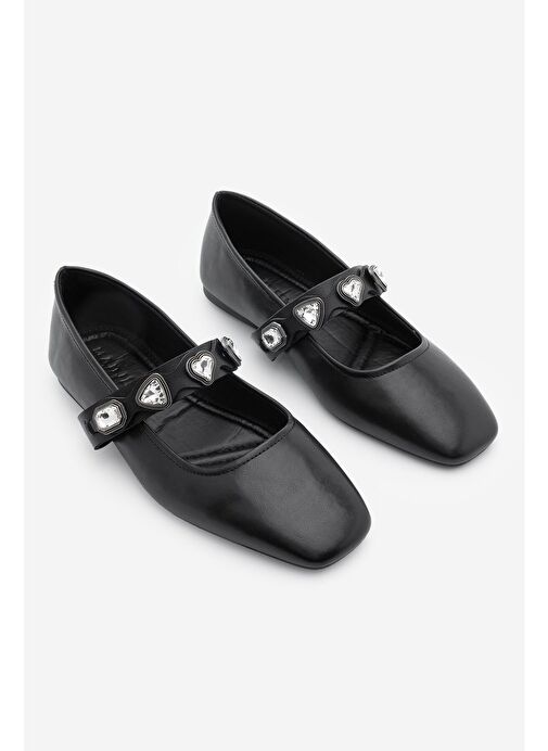 Kadın Küt Burun Taşlı Babet Elora Siyah - Görsel 6