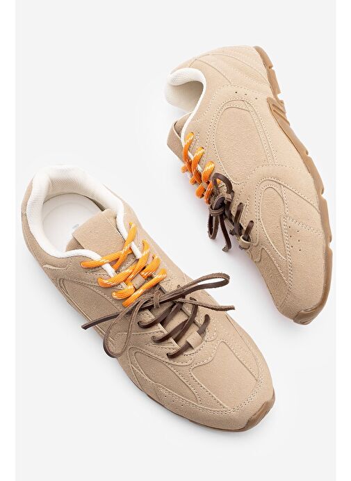 Kadın Sneaker Çift Bağcıklı Spor Ayakkabı Povin Camel Süet - Görsel 3