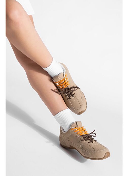 Kadın Sneaker Çift Bağcıklı Spor Ayakkabı Povin Camel Süet - Görsel 4