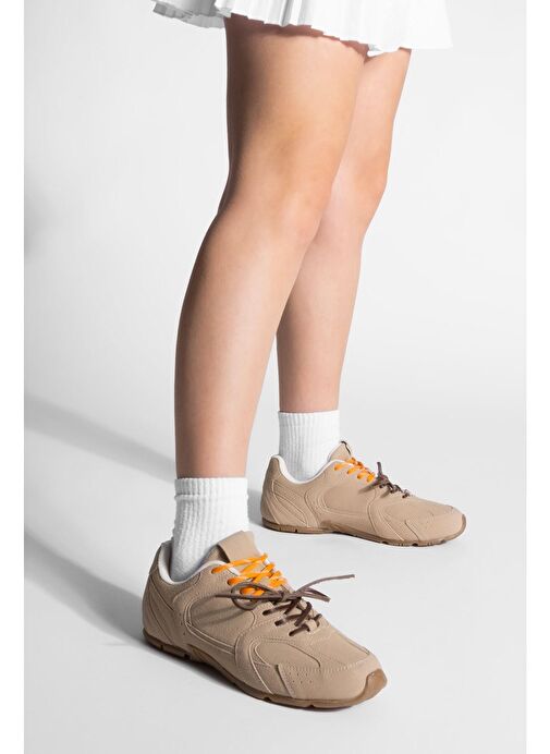 Kadın Sneaker Çift Bağcıklı Spor Ayakkabı Povin Camel Süet - Görsel 5