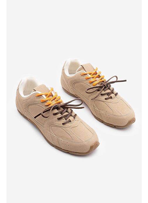 Kadın Sneaker Çift Bağcıklı Spor Ayakkabı Povin Camel Süet - Görsel 6