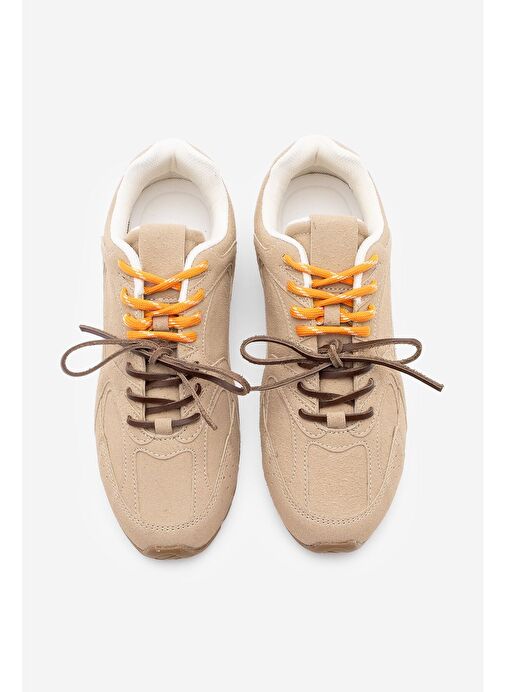 Kadın Sneaker Çift Bağcıklı Spor Ayakkabı Povin Camel Süet - Görsel 7