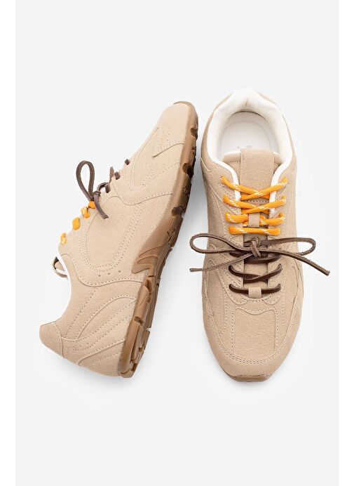 Kadın Sneaker Çift Bağcıklı Spor Ayakkabı Povin Camel Süet - Görsel 8