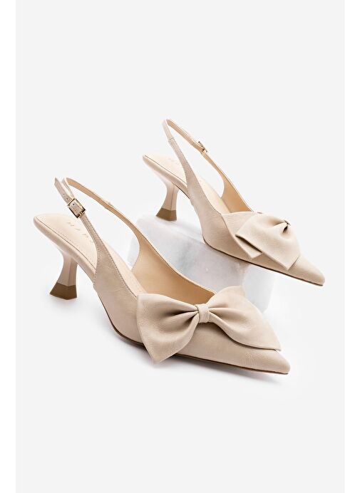 Kadın Stiletto Sivri Burun Fiyonk Detaylı Arkası Açık Topuklu Ayakkabı Fivas Bej - Görsel 2