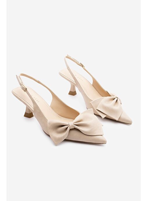 Kadın Stiletto Sivri Burun Fiyonk Detaylı Arkası Açık Topuklu Ayakkabı Fivas Bej - Görsel 4