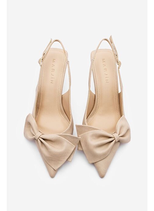 Kadın Stiletto Sivri Burun Fiyonk Detaylı Arkası Açık Topuklu Ayakkabı Fivas Bej - Görsel 5