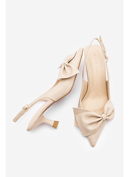 Kadın Stiletto Sivri Burun Fiyonk Detaylı Arkası Açık Topuklu Ayakkabı Fivas Bej - Görsel 6
