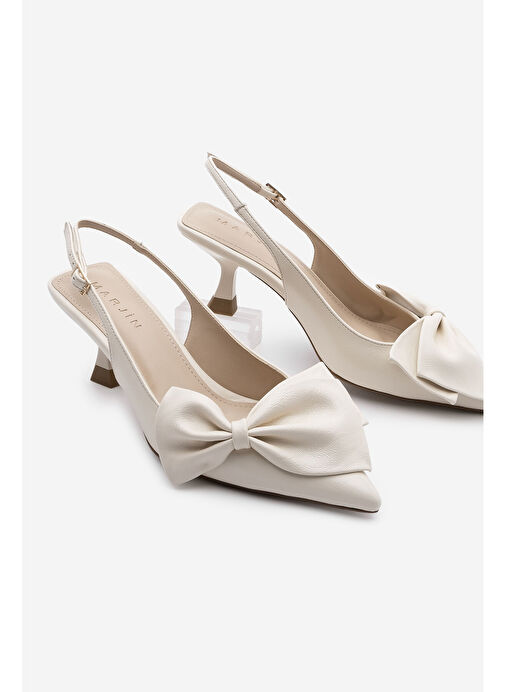 Kadın Stiletto Sivri Burun Fiyonk Detaylı Arkası Açık Topuklu Ayakkabı Fivas Ekru - Görsel 2