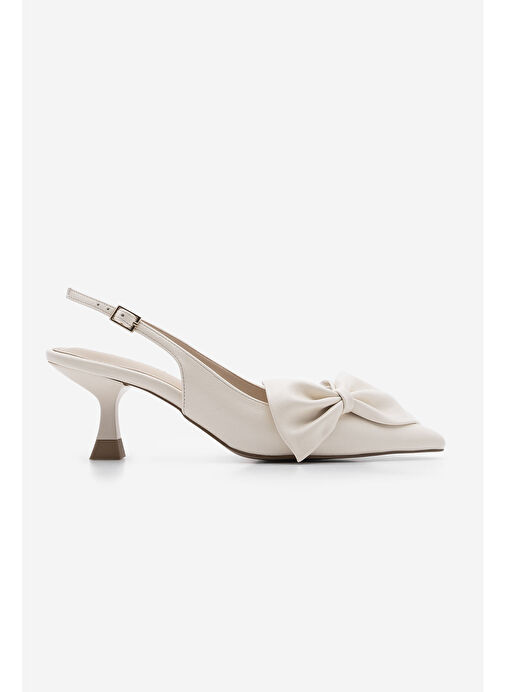 Kadın Stiletto Sivri Burun Fiyonk Detaylı Arkası Açık Topuklu Ayakkabı Fivas Ekru - Görsel 3