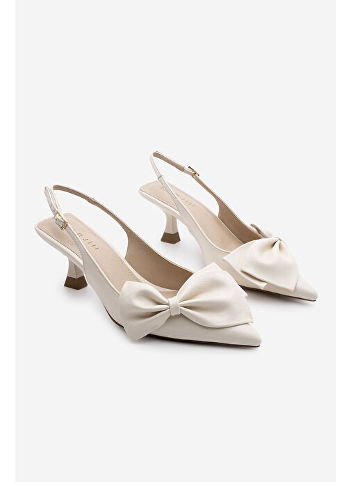Kadın Stiletto Sivri Burun Fiyonk Detaylı Arkası Açık Topuklu Ayakkabı Fivas Ekru - Görsel 4