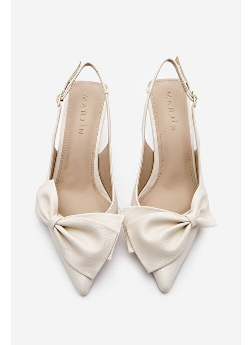 Kadın Stiletto Sivri Burun Fiyonk Detaylı Arkası Açık Topuklu Ayakkabı Fivas Ekru - Görsel 5