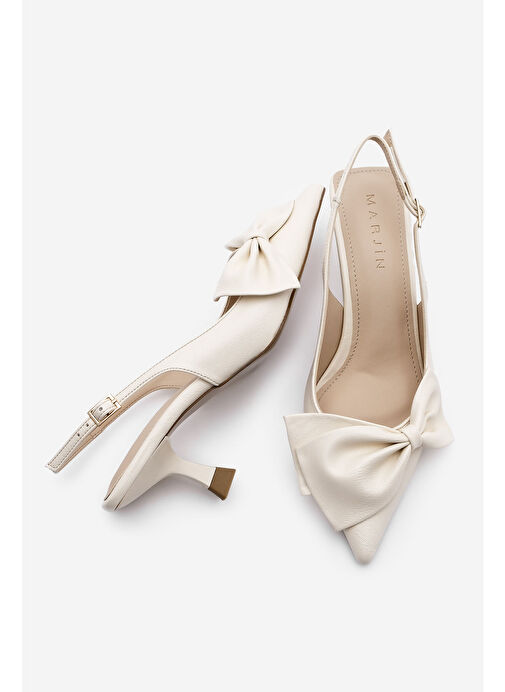 Kadın Stiletto Sivri Burun Fiyonk Detaylı Arkası Açık Topuklu Ayakkabı Fivas Ekru - Görsel 6