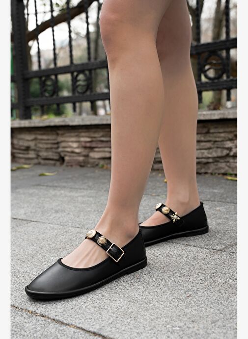 Kadın Bantlı Gold Tokalı Babet Semura Siyah - Görsel 5