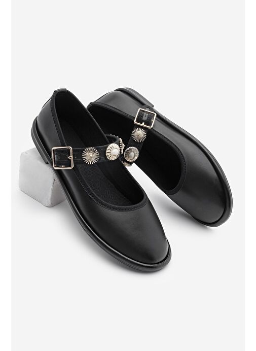 Kadın Bantlı Gold Tokalı Babet Semura Siyah - Görsel 2