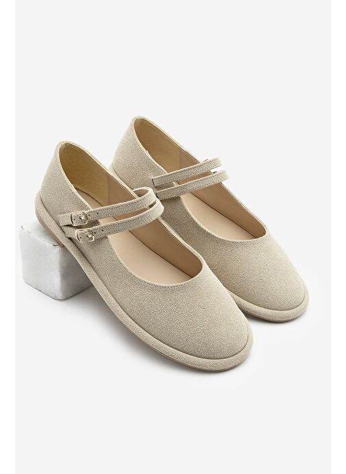 Kadın Çift Bantlı Tokalı Süet Babet Benus Bej Süet - Görsel 2