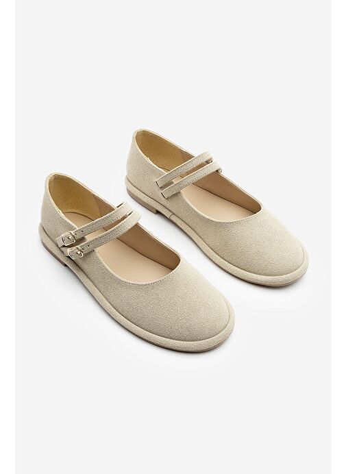 Kadın Çift Bantlı Tokalı Süet Babet Benus Bej Süet - Görsel 4
