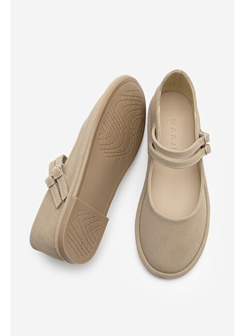 Marjin Kadın Çift Bantlı Babet Benus Camel Süet - Görsel 6