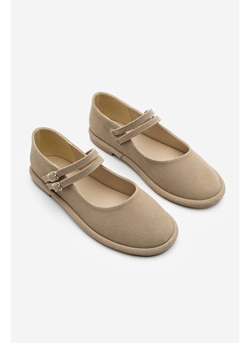 Marjin Kadın Çift Bantlı Babet Benus Camel Süet - Görsel 4