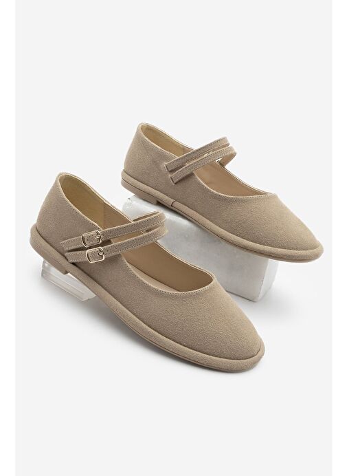 Marjin Kadın Çift Bantlı Babet Benus Camel Süet - Görsel 2