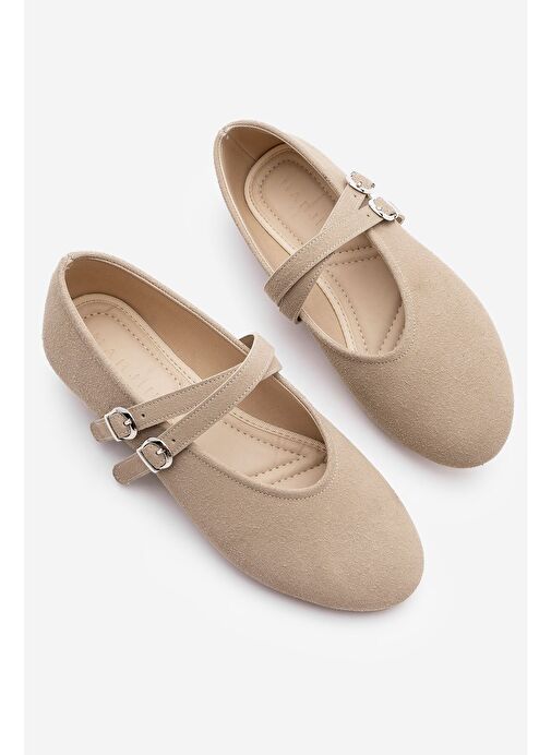 Kadın Çapraz Bantlı Babet Niroza Bej Süet - Görsel 2