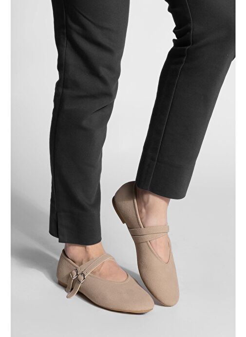 Kadın Çapraz Bantlı Babet Niroza Bej Süet - Görsel 5